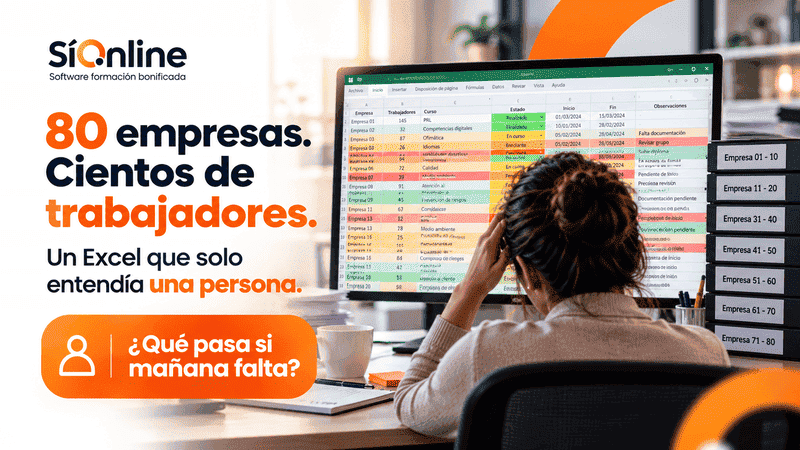 Hoja de Excel con registros de más de 80 empresas y cientos de trabajadores gestionados en FUNDAE mediante códigos de colores.